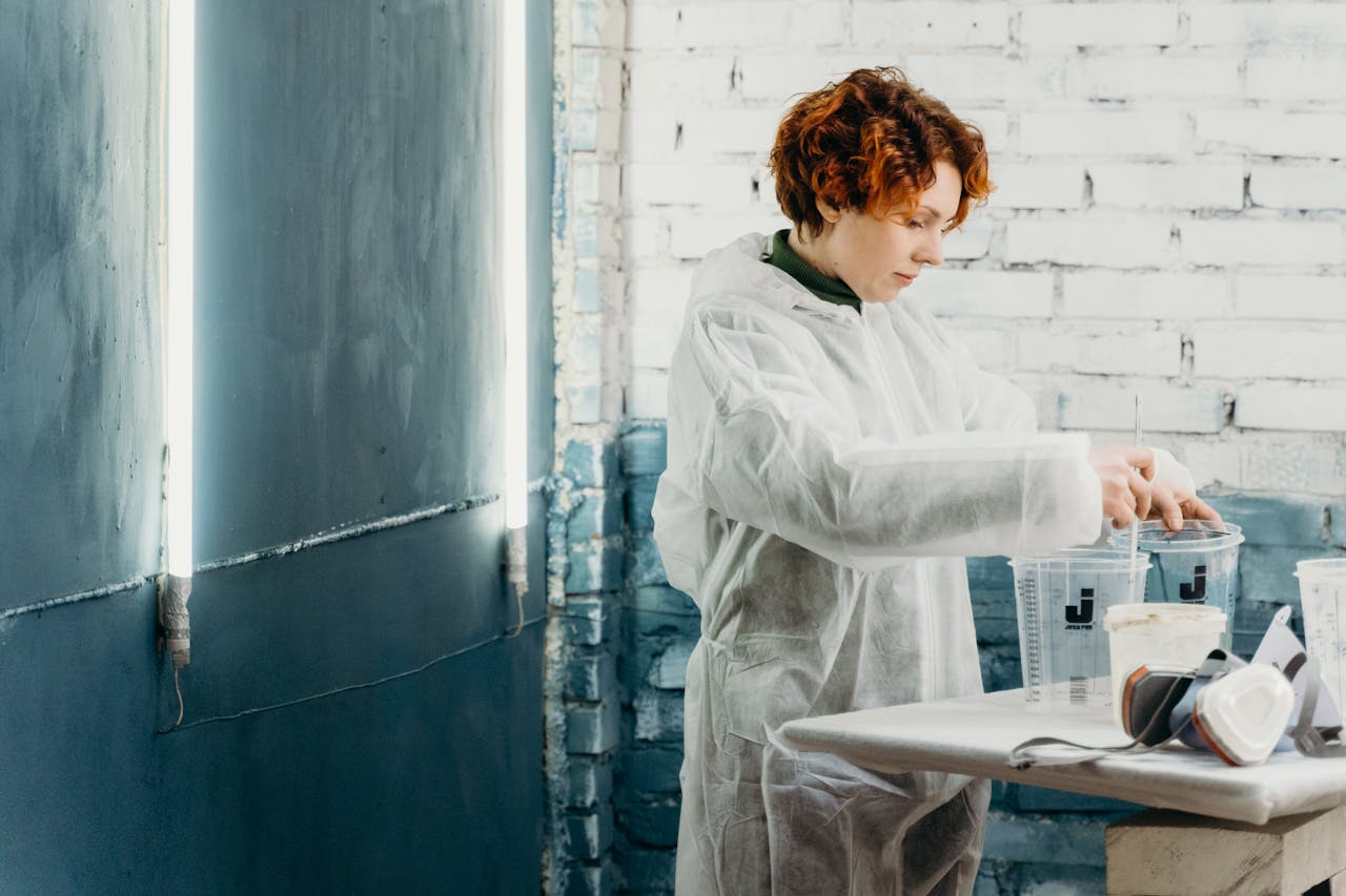 Services-02 Redhead woman in white gown working with lab equipment in an industrial setting.